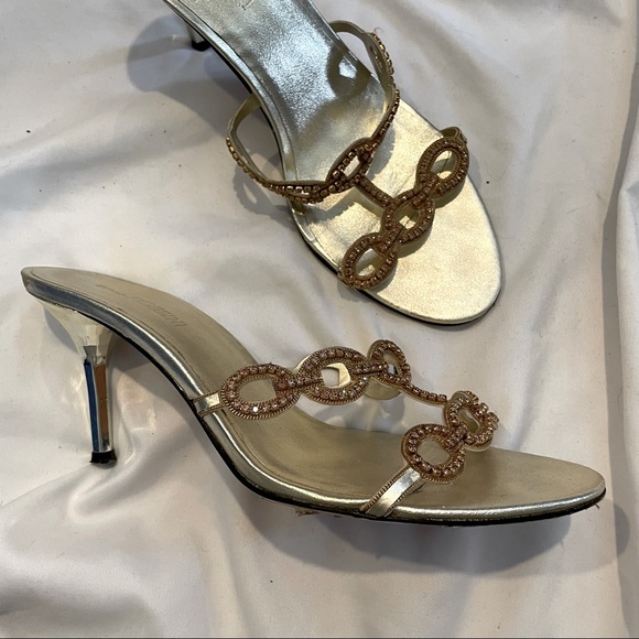 Mario Rossini Bronze Rhinestone Kitten Heel Formal Bling Sandals 38 - Picture 1 of 8